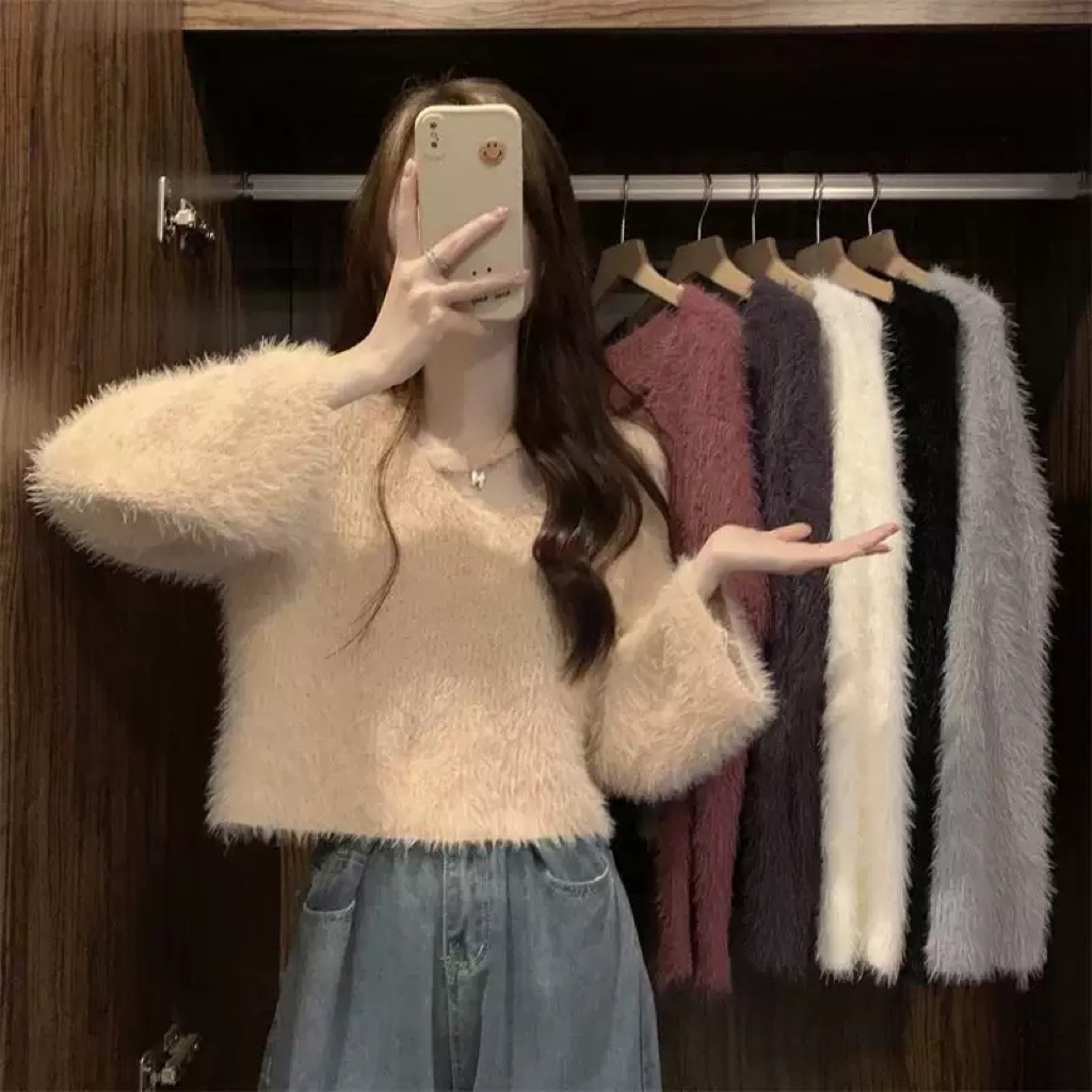 Sweater Blouse Crop rajut wanita korean bulu lembut halus