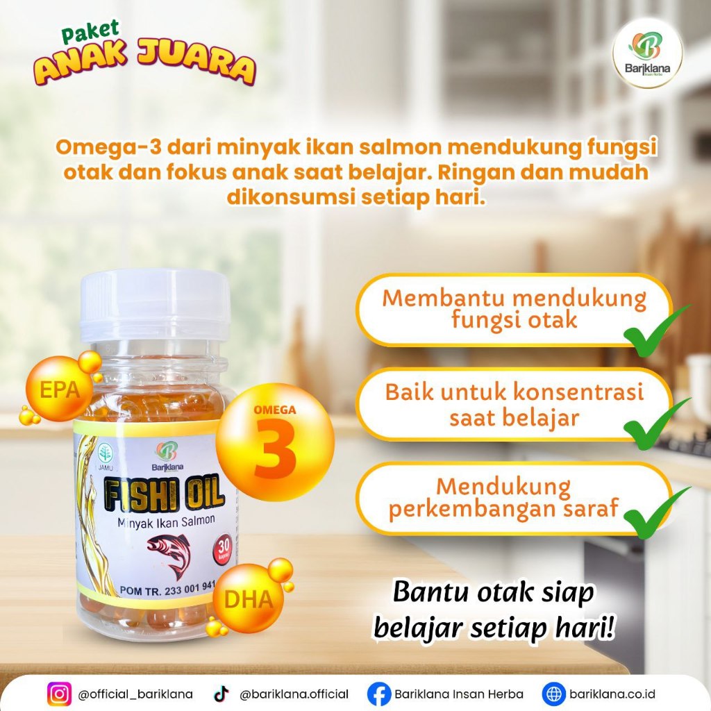 FISHI OIL 100% MINYAK IKAN SALMON UNTUK MENINGKATKAN KECERDASAN OTAK DAN NAFSU MAKAN ANAK ISI 30 KAP