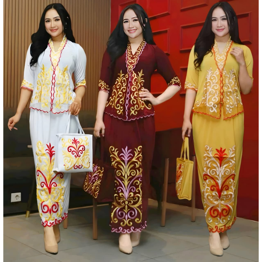 Stelan Kebaya Encim [ Free Tas Cantik ] Motif Dayak Betang Radang , Kebaya Bordir Melar , Kebaya Mod