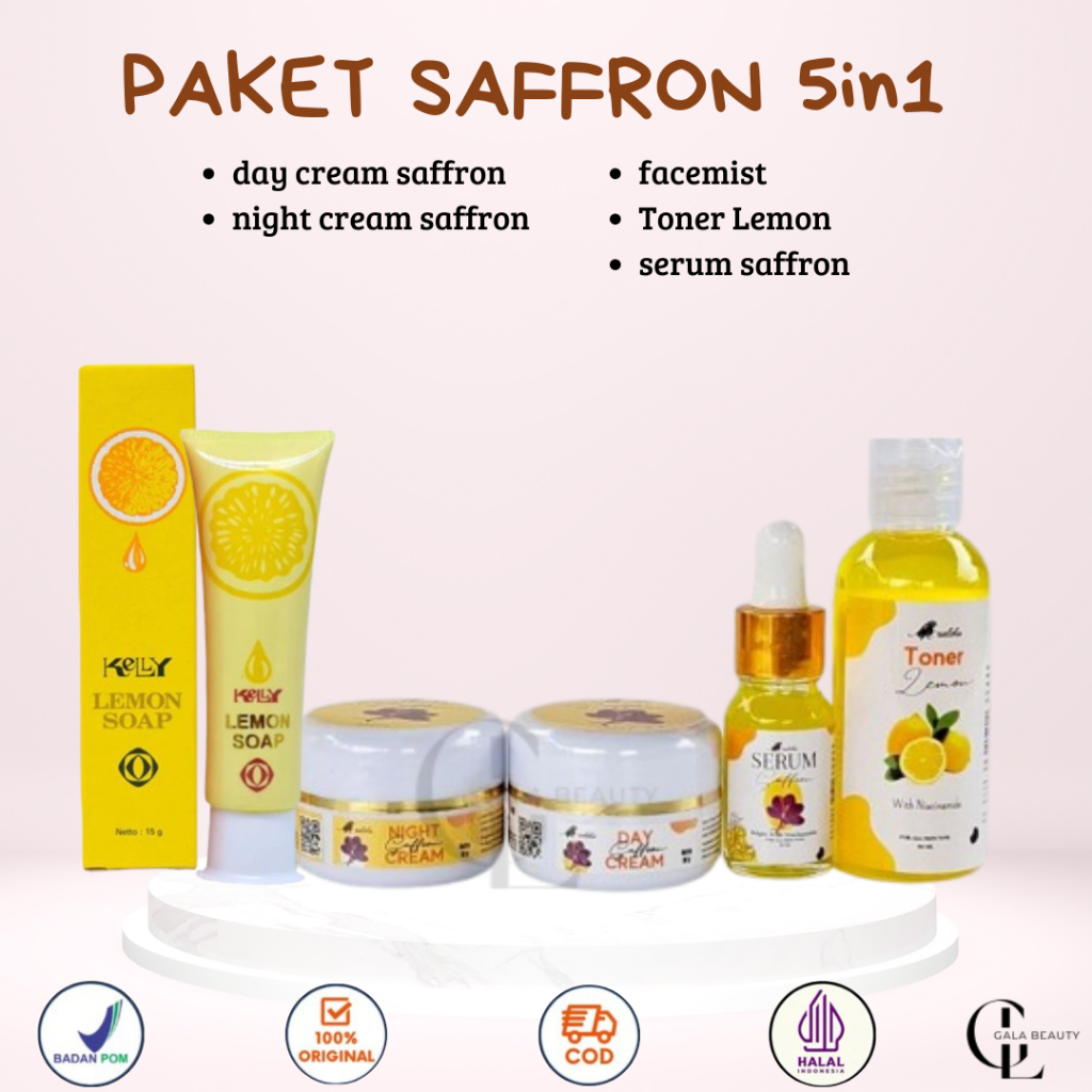 Paket saffron 5in1 Cream Siang Malam saffron / Serum saffron / Toner Lemon / Kelly Lemon Soap 15gr