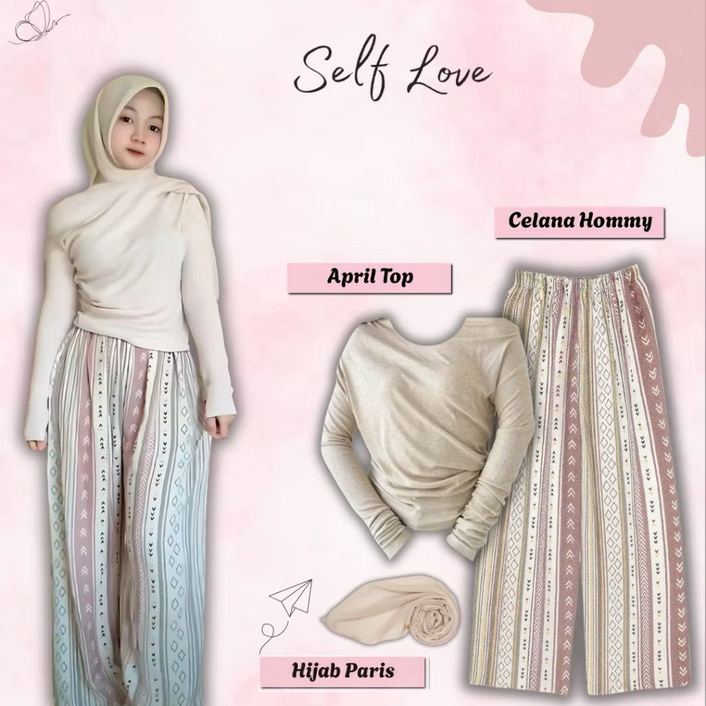 One Set Wanita Daily Simple / Outfit Nongkrong Set 3in1 / April Top + Hijab + Celana Hommy / Setelan