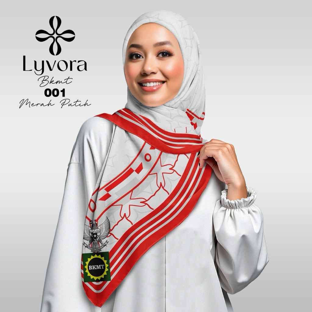 Jilbab BKMT - 011 Merah Putih - Hijab Voal Premium Lyvora – Segi Empat Adem, Laser Cut, Zipper Bag