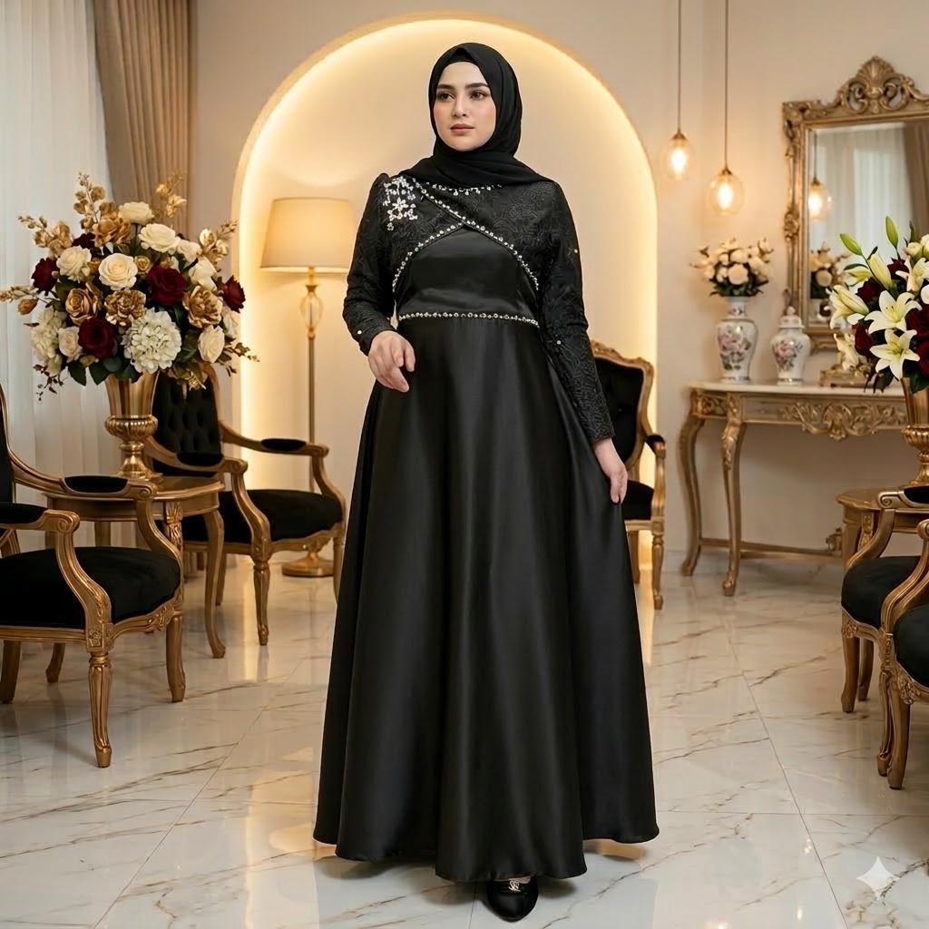 Gamis Hitam Polos Satin Kombinasi Tile Bordir Permata 76651 1 Busana Muslim Basic