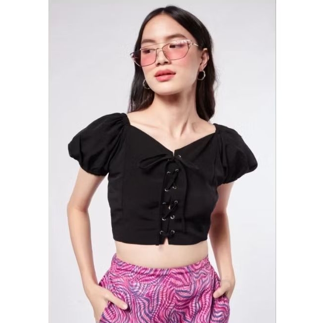COLORBOX Puff Sleeve Top with Front Tie DetailsBlack