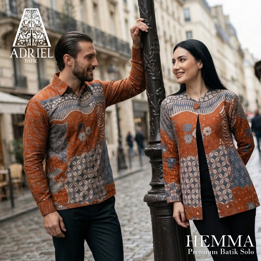 HEMMA BATIK TULIS PREMIUM (Kemeja PRIA / Outer WANITA)  - Reguler Fit Batik Navy Orange Oranye Navy 