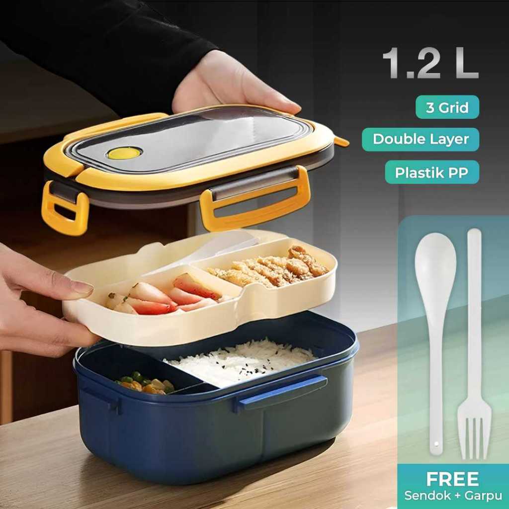 Kotak Makan Anti Tumpah Lunch Box Double Layer 3 Grid 1.2L