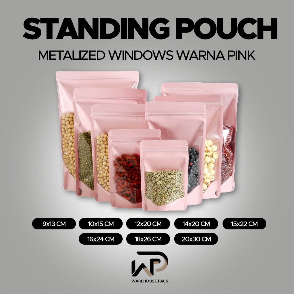 ( 1 Pcs ) Standing Pouch Metalized full Clear Windows Warna Pink | Standing Pouch Ziplock Clear | Pl