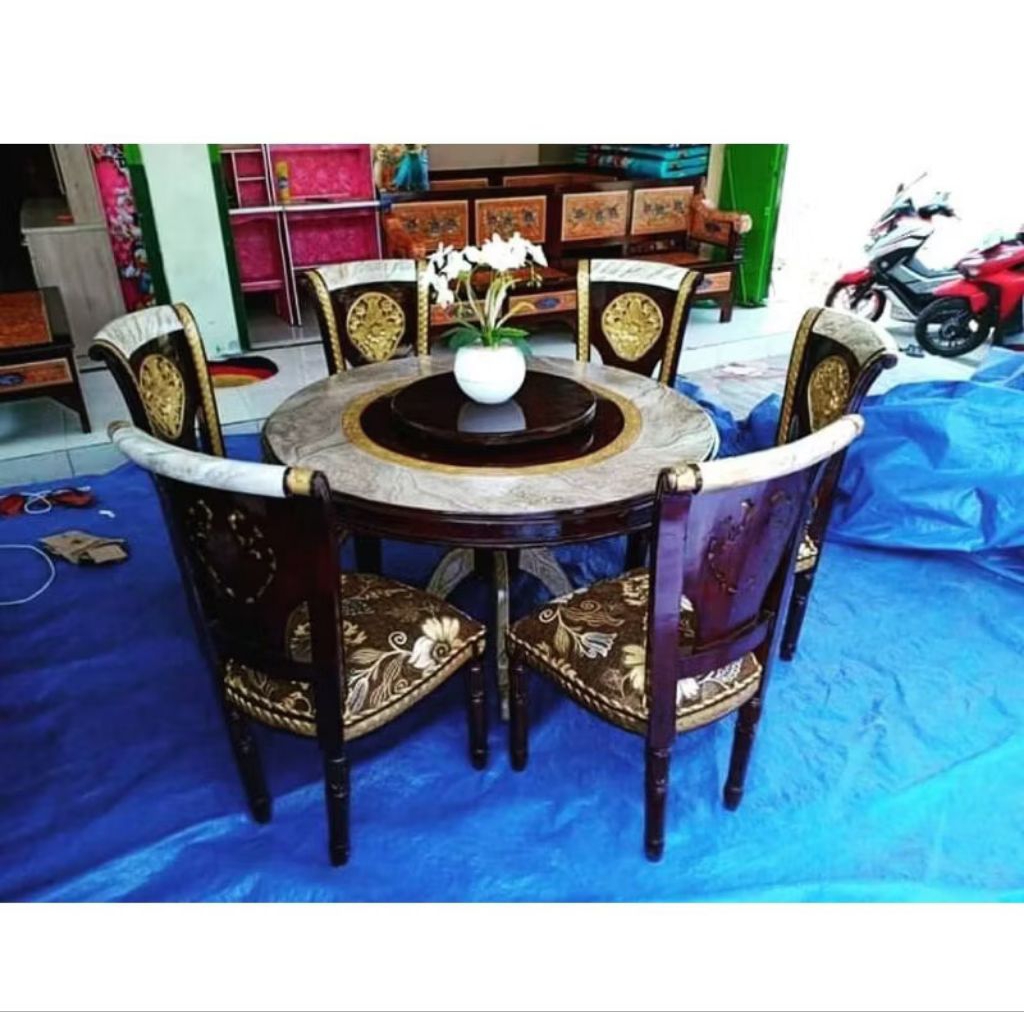 meja makan bulat kurai 6 kayu jati great A1 solid/meja makan kayu jati solid diameter 100