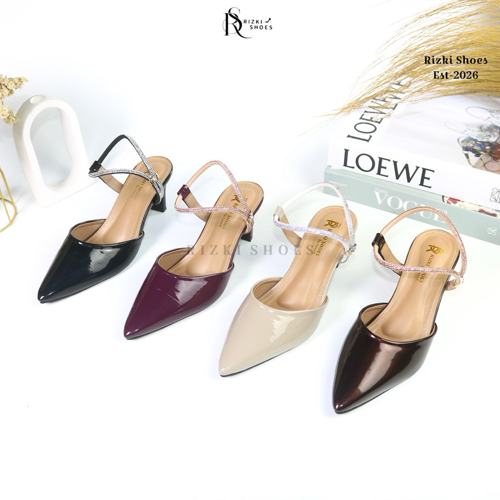 Sepatu Heels Pesta Wanita Tali Belakang Permata Sepatu Heels Mules Wanita Hak 5 Cm