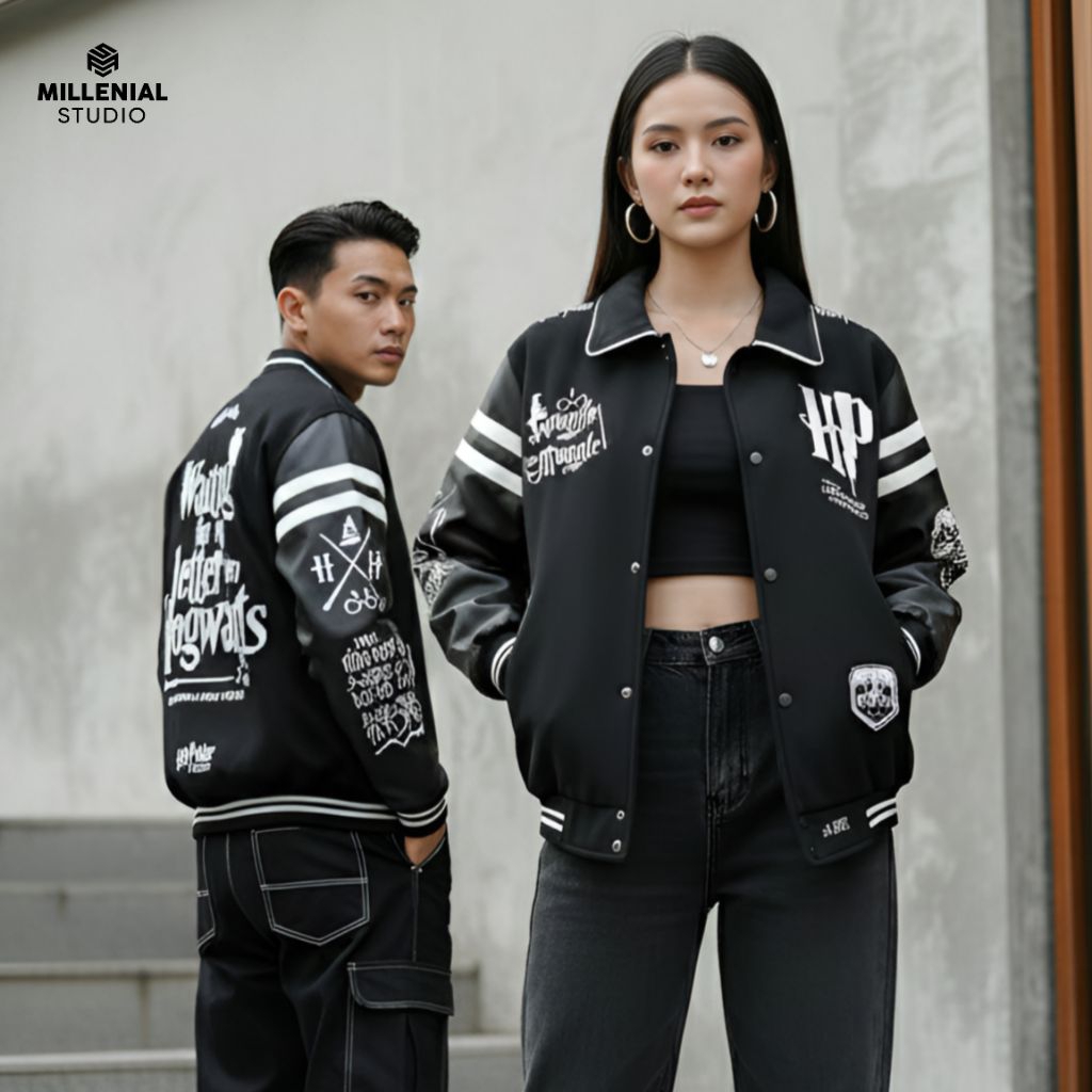 Hogwarts Legacy Monochrome Varsity Jacket Original Blackseven | Jaket Harry Potter Kulit Bordir