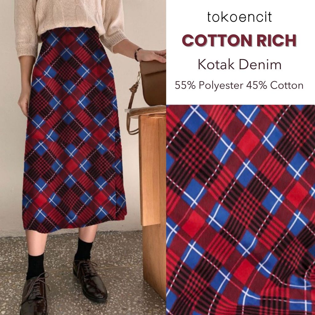 Tokoencit Kain Cotton Rich Motif Kotak-kotak Merah Per 0.5 meter Poly Katun Bahan Kemeja Kuliah Unis