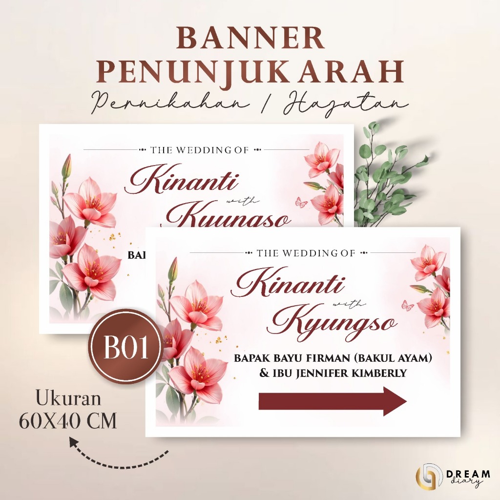 Banner Penunjuk Arah Wedding Custom Nama | Sign Arah Pernikahan Elegan Aesthetic