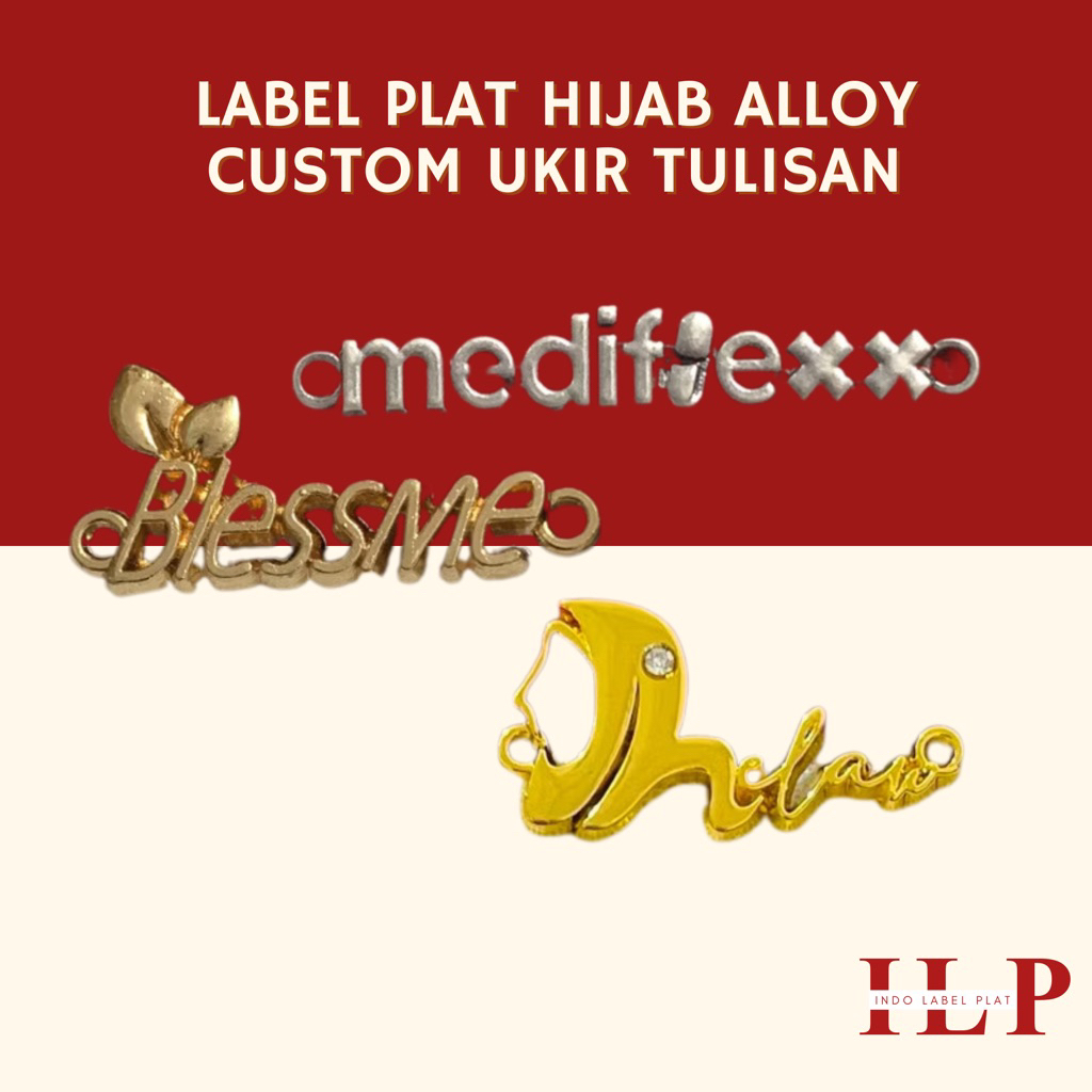 Label Plat Hijab Alloy Custom Ukir TULISAN/ NAMA MERK BRANDD  (Huruf/ Alphabet/ Logo Fashion Label M