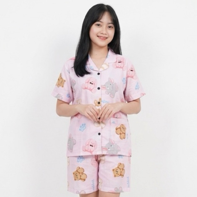 bajutidur.id PIYAMA SETELAN KATUN JEPANG MOTIF KUCING JOY MEOW WARNA SOFT PINK