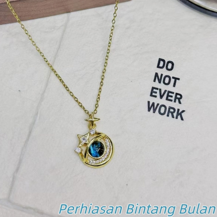 Kalung Liontin Planet Bintang Bulan, Kalung Emas Mewah untuk Wanita Perhiasan Bintang Bulan
