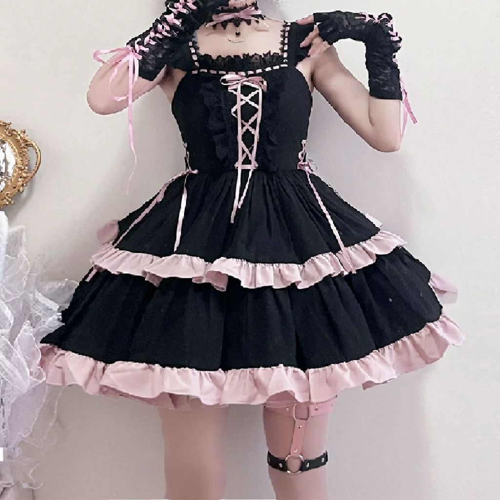 dress gothic lolita black pink