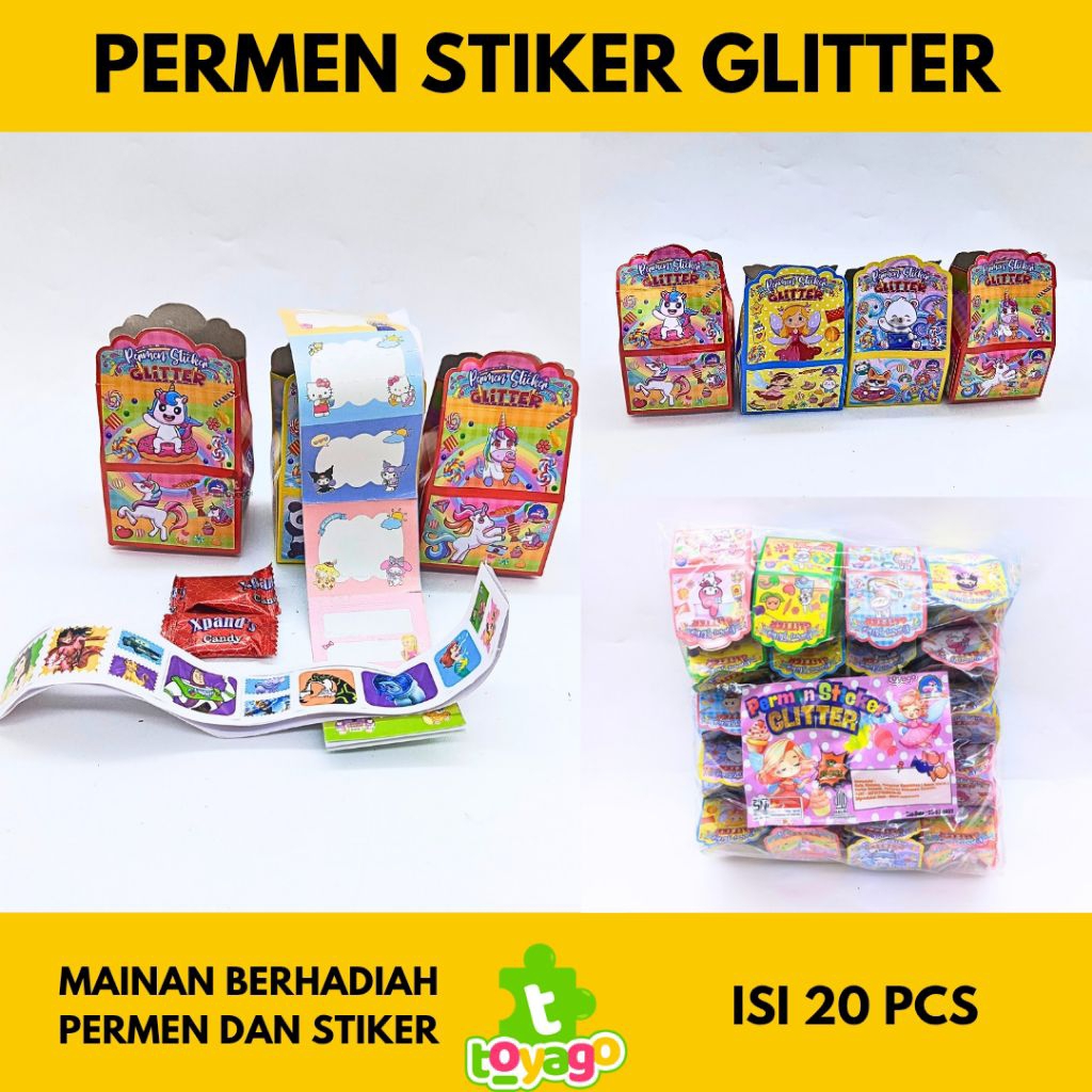 Permen stiker glitter isi 20 pcs mainan berhadiah sticker glitter dan permen grosir murah