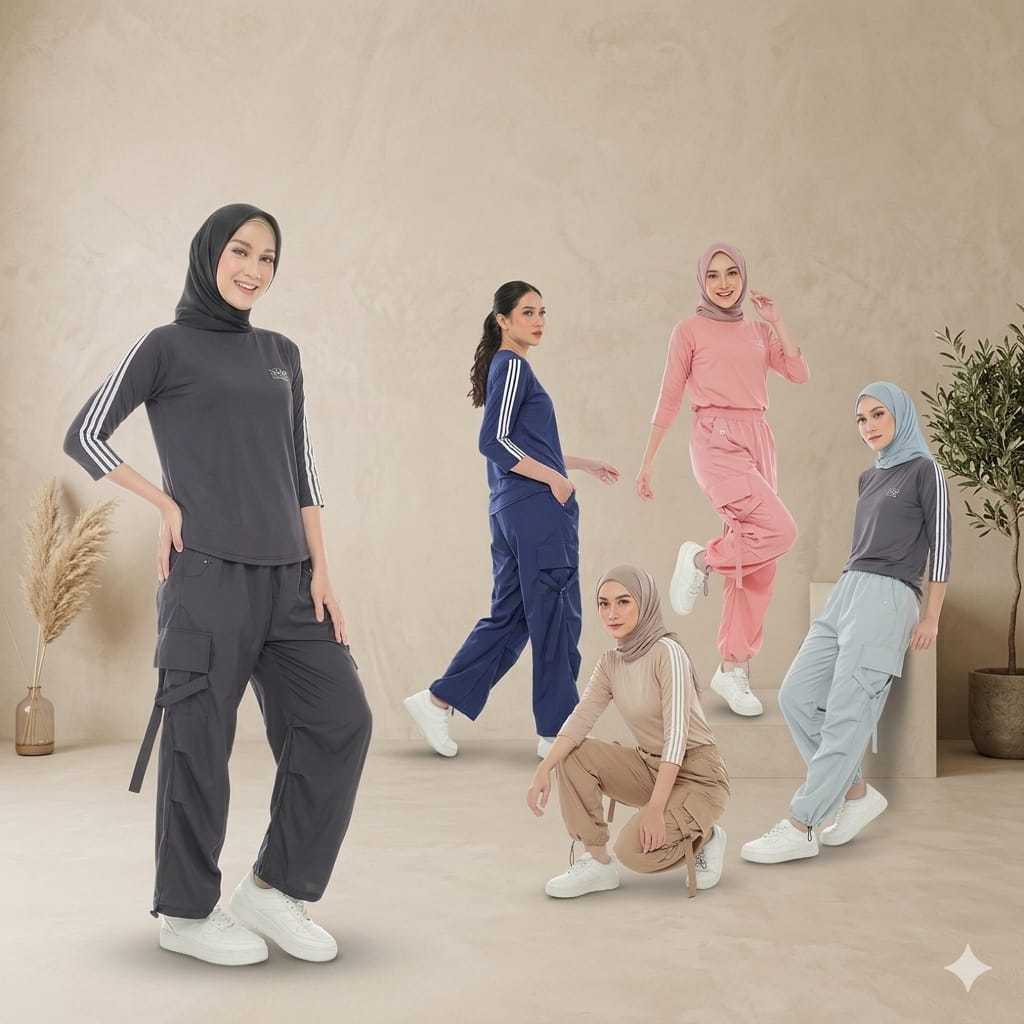 Celana Cargo Parasut Sport Wanita Muslimah JUMBO Pants Korea Highwaist Outfit Naik Gunung Jogging Ke