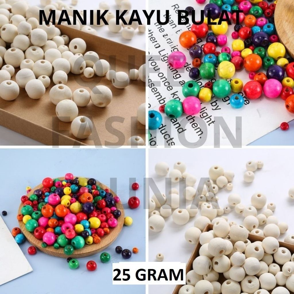 Manik KAYU BULAT Warna/i Cream 6/8/10/12/14/16/20/25mm Mote Makram Kayu Bahan DIY Craft Harga/25gr