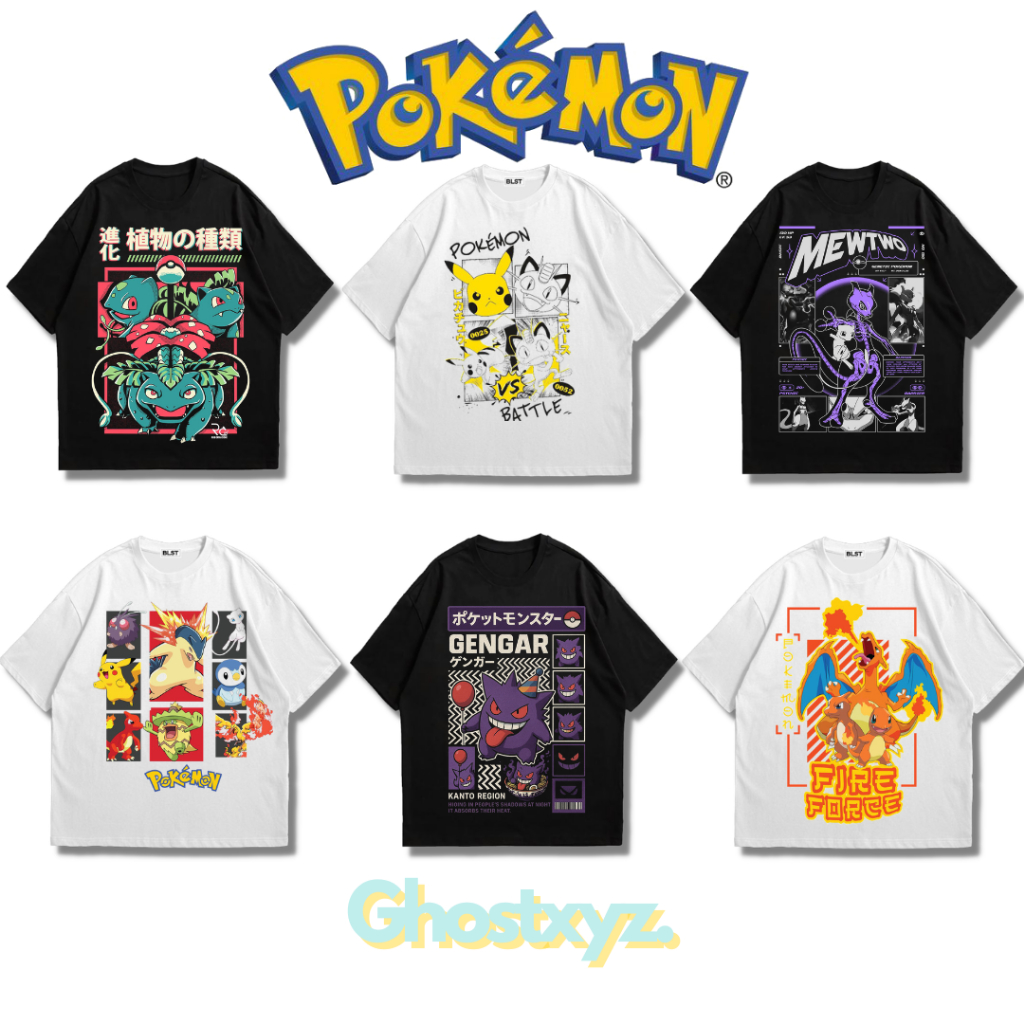 Ghostxyz T-Shirt Pokemon Black White Oversize Vintage Tee Baju Kaos