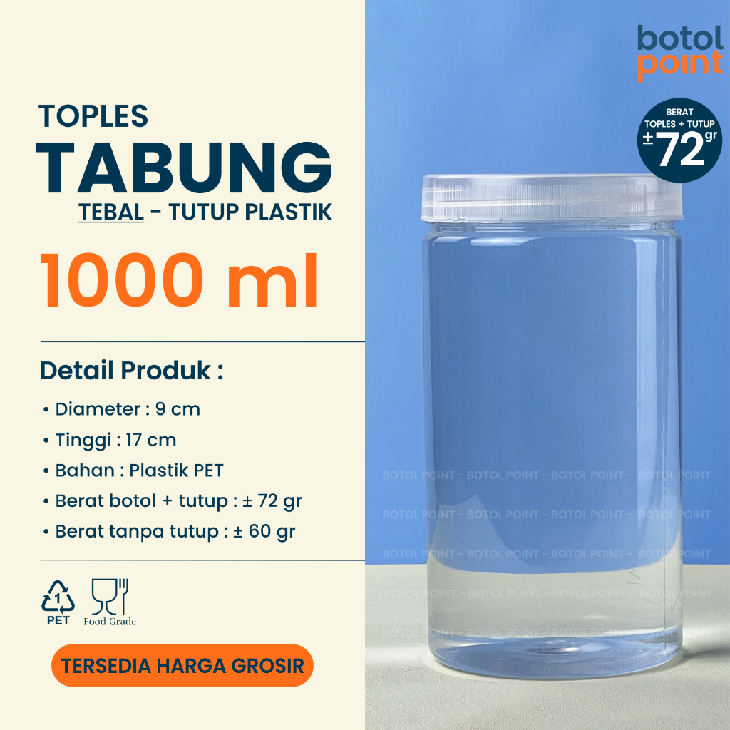 Toples Tabung 1000 ml TEBAL TUTUP PLASTIK - Toples Plastik 1000ml GROSIR - Kemasan Makanan Kuker