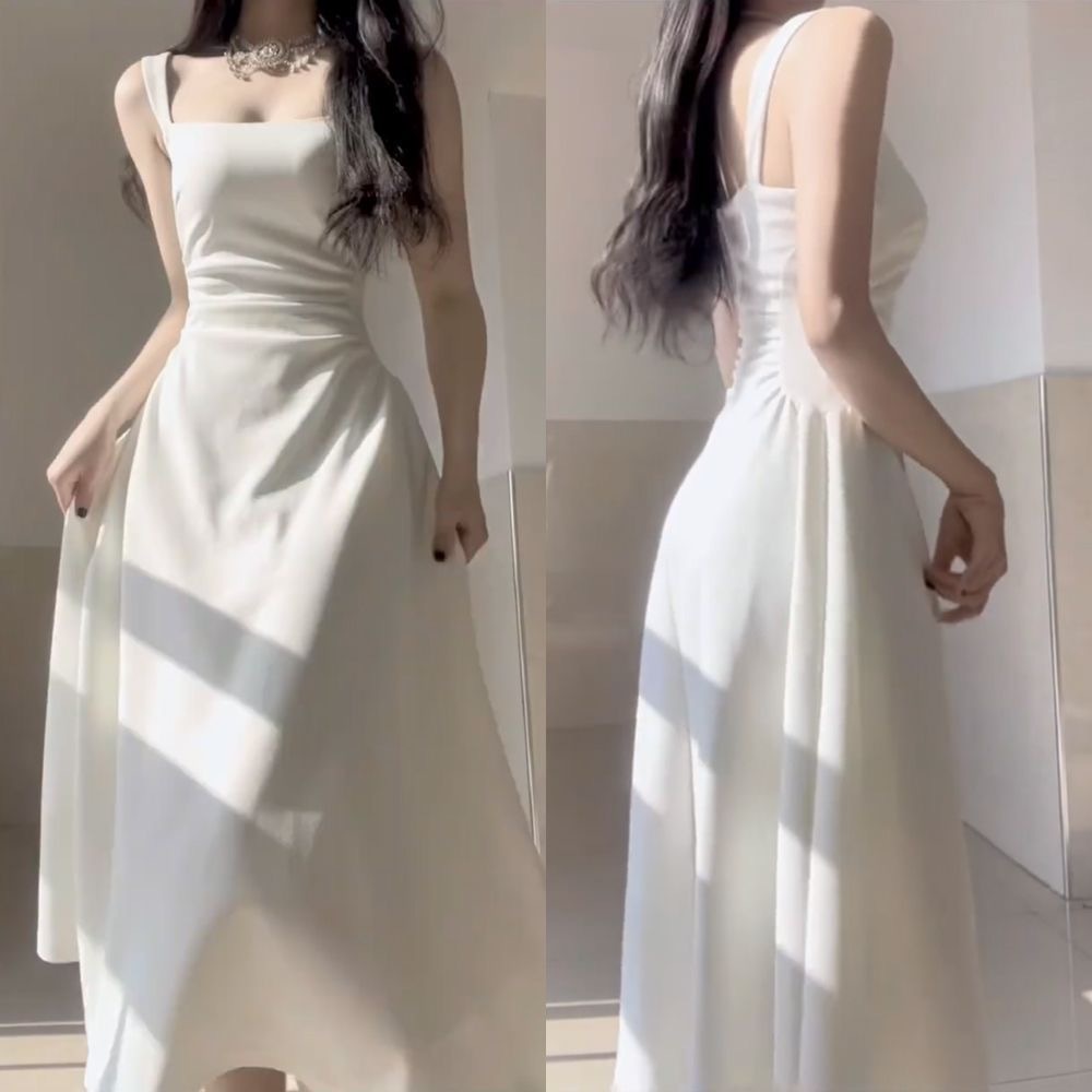 Prancis teh istirahat putih gantung gaun anak-anak musim panas baru kecil A kata pinggang putih panj