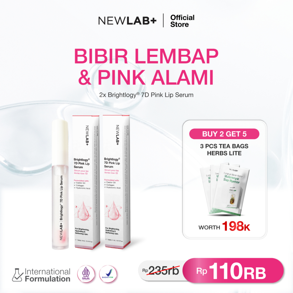 NEWLAB Paket 2 Botol Brightlogy Pink Lip Serum + Free 3 Tea Bag | Lip Care untuk Bibir Gelap | Serum