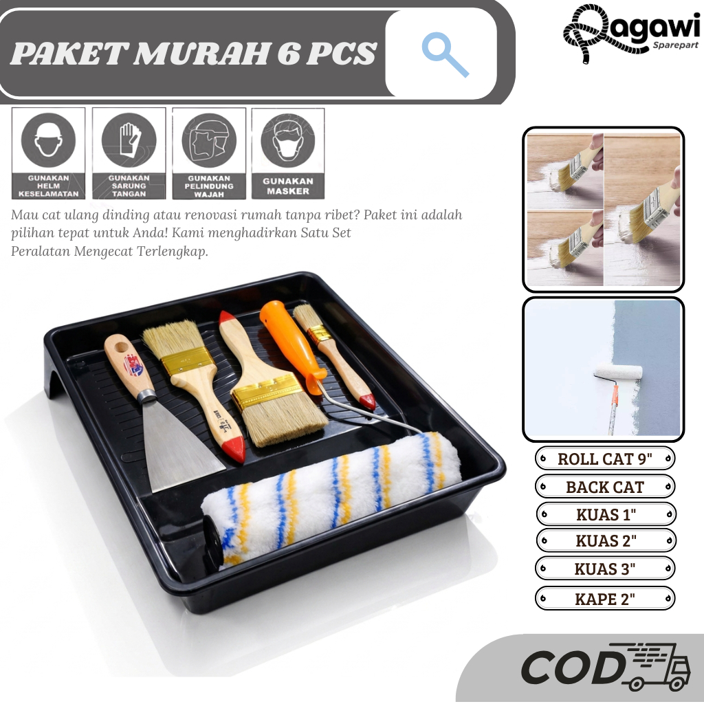 Paket Lengkap Termurah Alat Cat Tembok 6in1 Bak Cat Kuas Roll Kuas Cat 1in 2in 3in Kape Scraper 2inc