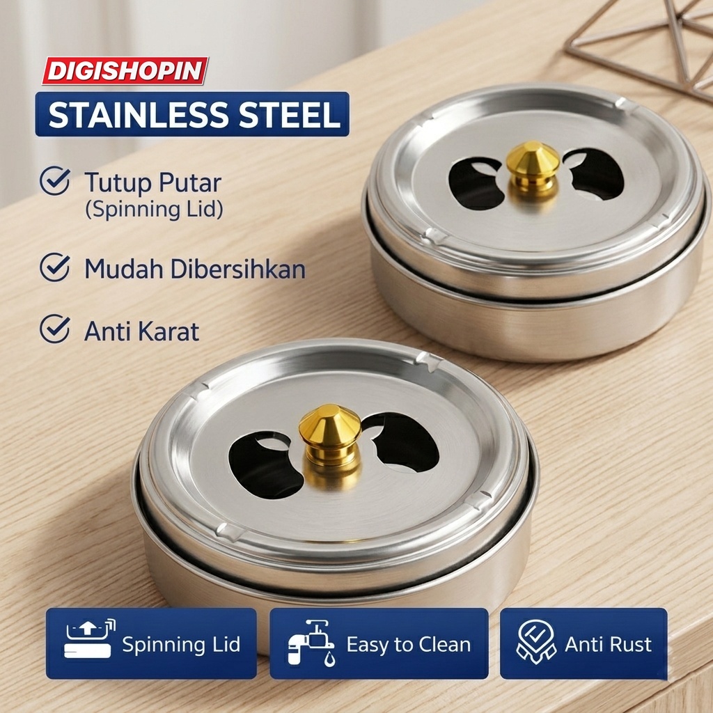 Asbak Stainless Portable Asbak Anti Karat Dengan Penutup Rotation
