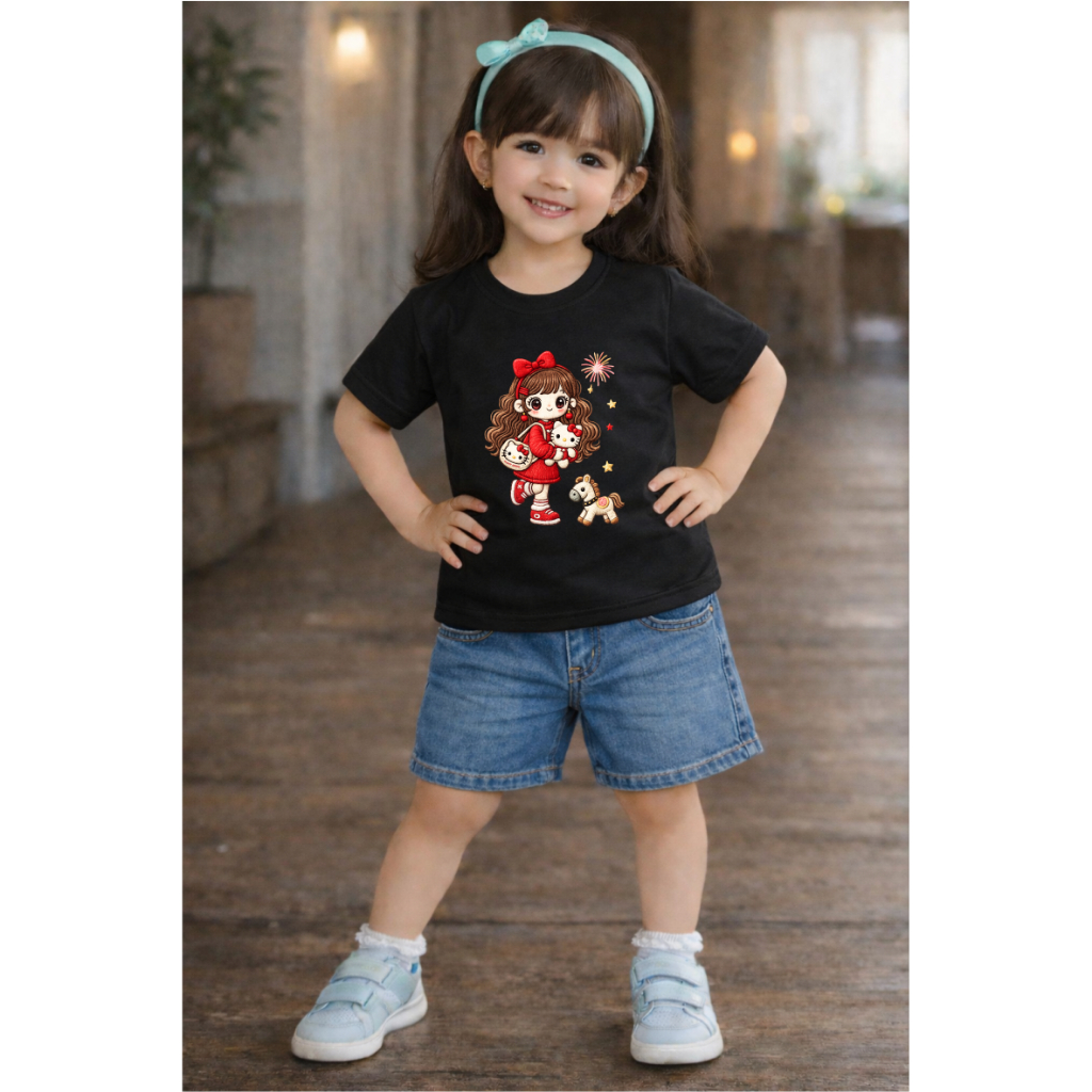 Kaos Anak Perempuan Hitam Motif Kartun Lucu Dengan Boneka Dan Kuda Rajut