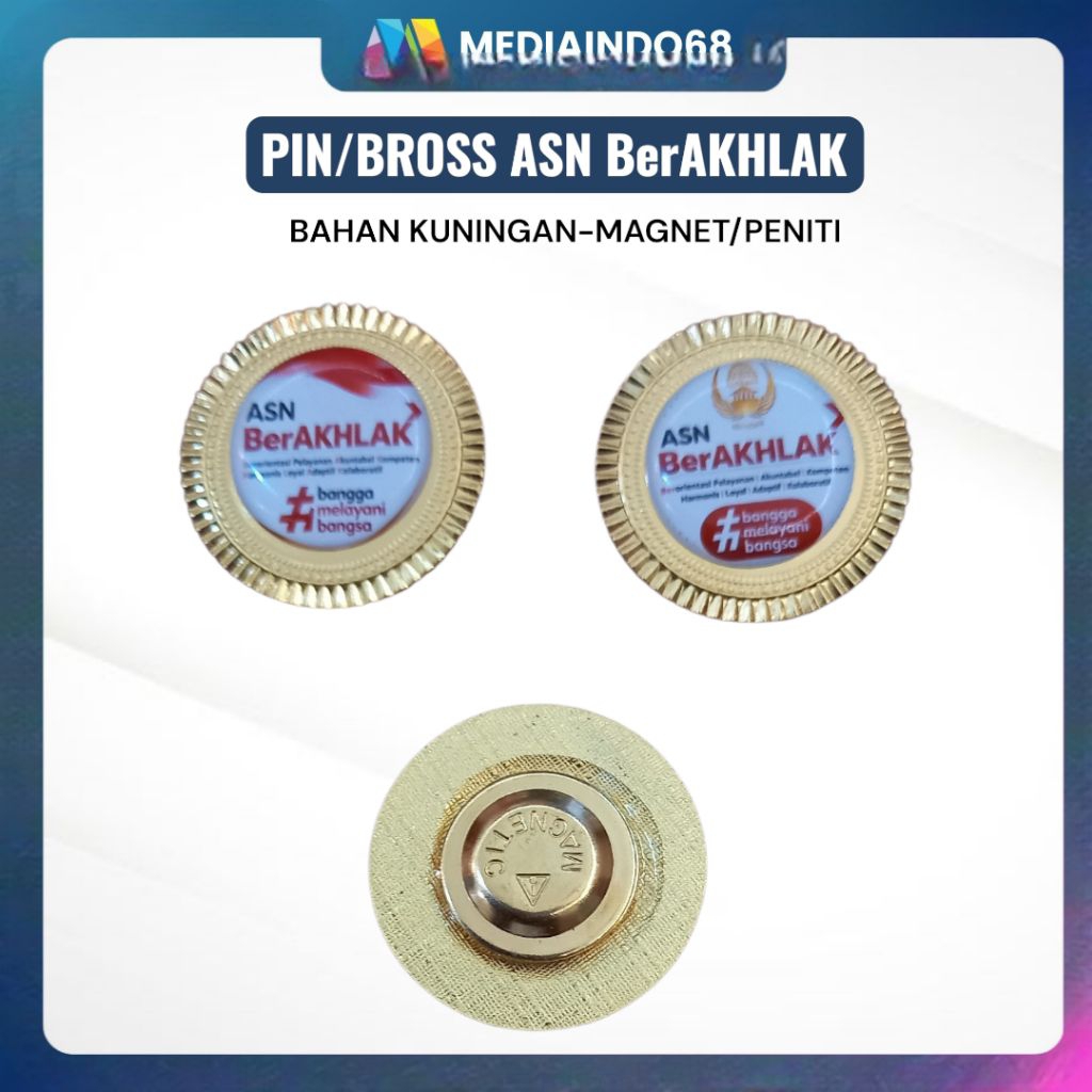 Pin ASN BerAKHLAK Premium Gold Tebal  | Pin ASN Bulat Magnet & Peniti | Badge ASN Korpri