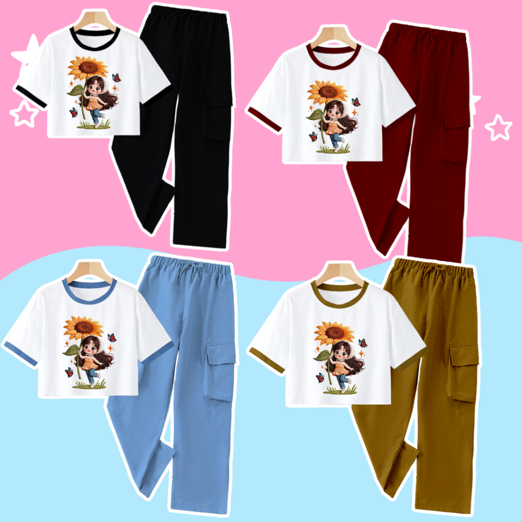 Setelan Kaos Anak Cewek Lengan Pendek Motif Bunga Matahari BR01 Celana Cargo Panjang One set