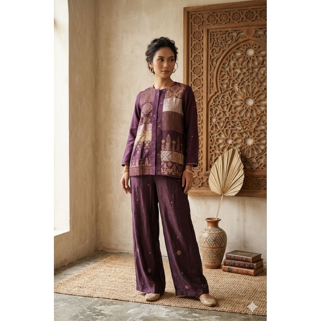 RUQEA Burgundy Prada Set Celana Shifon Prada