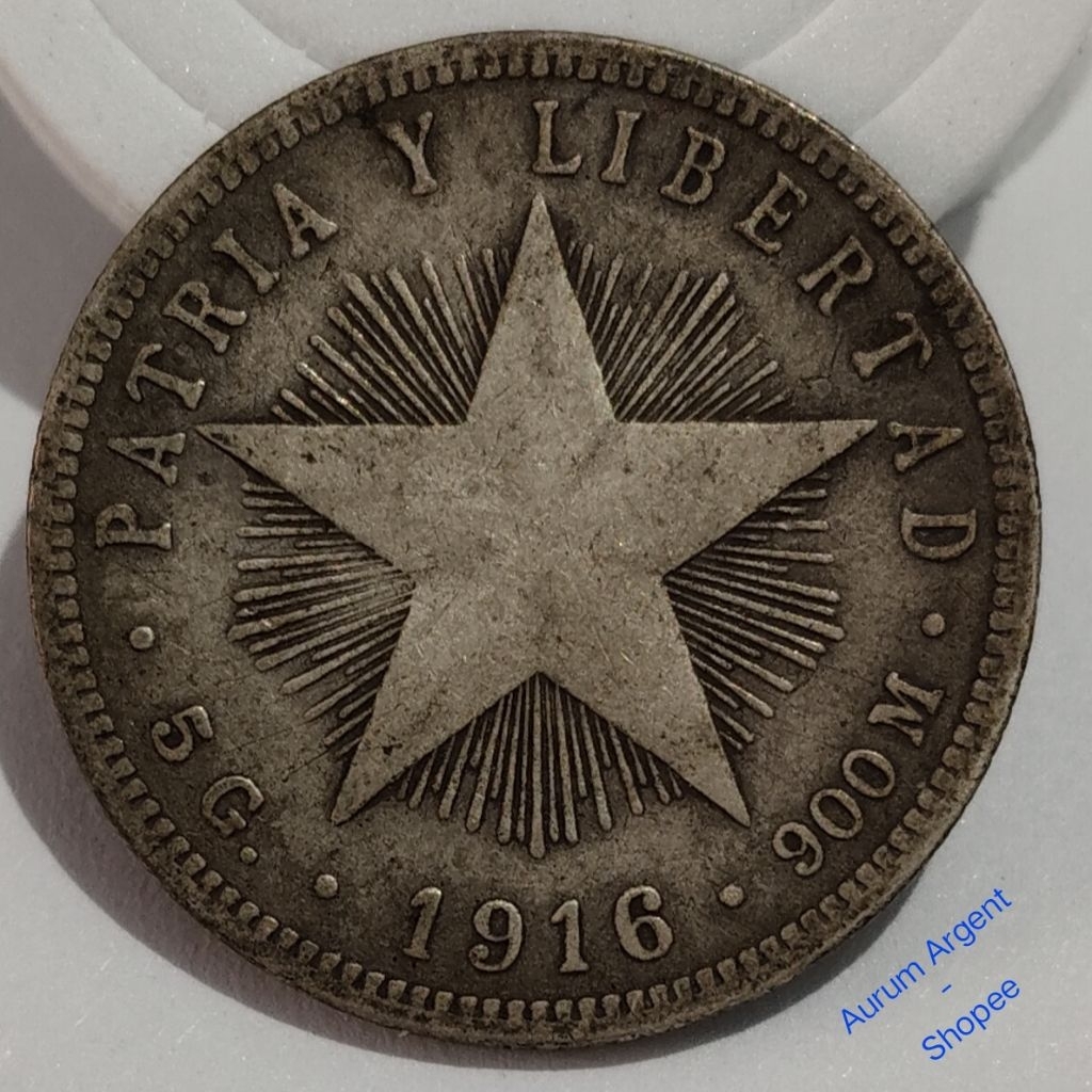 O.14-- 1 PC KOIN PERAK KUNO ASLI 20 CENTAVOS CUBA TH 1916. -- SILVER COIN --