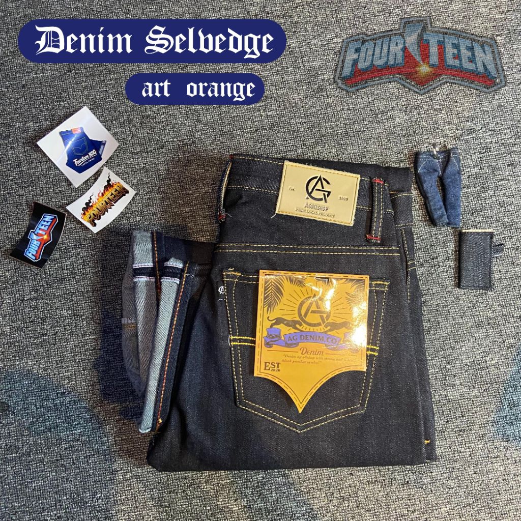 Celana Denim Selvage art Orange 16 oz kaku denim