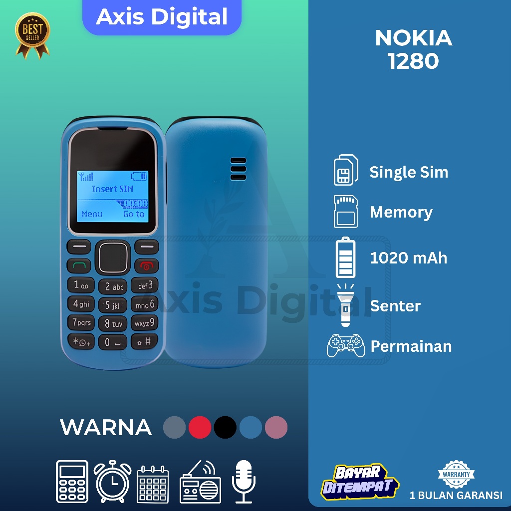 NOKIA HP JADUL 1280 - Senter, Baterai Tahan Lama, Permainan Klasik