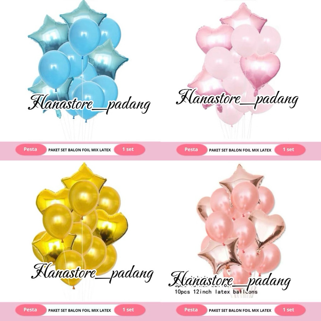 HSP 14 pcs Paket Balon Latex Metalik Foil Love Star Jumbo Set Balon Latex Kombinasi Balon Foil Hati 