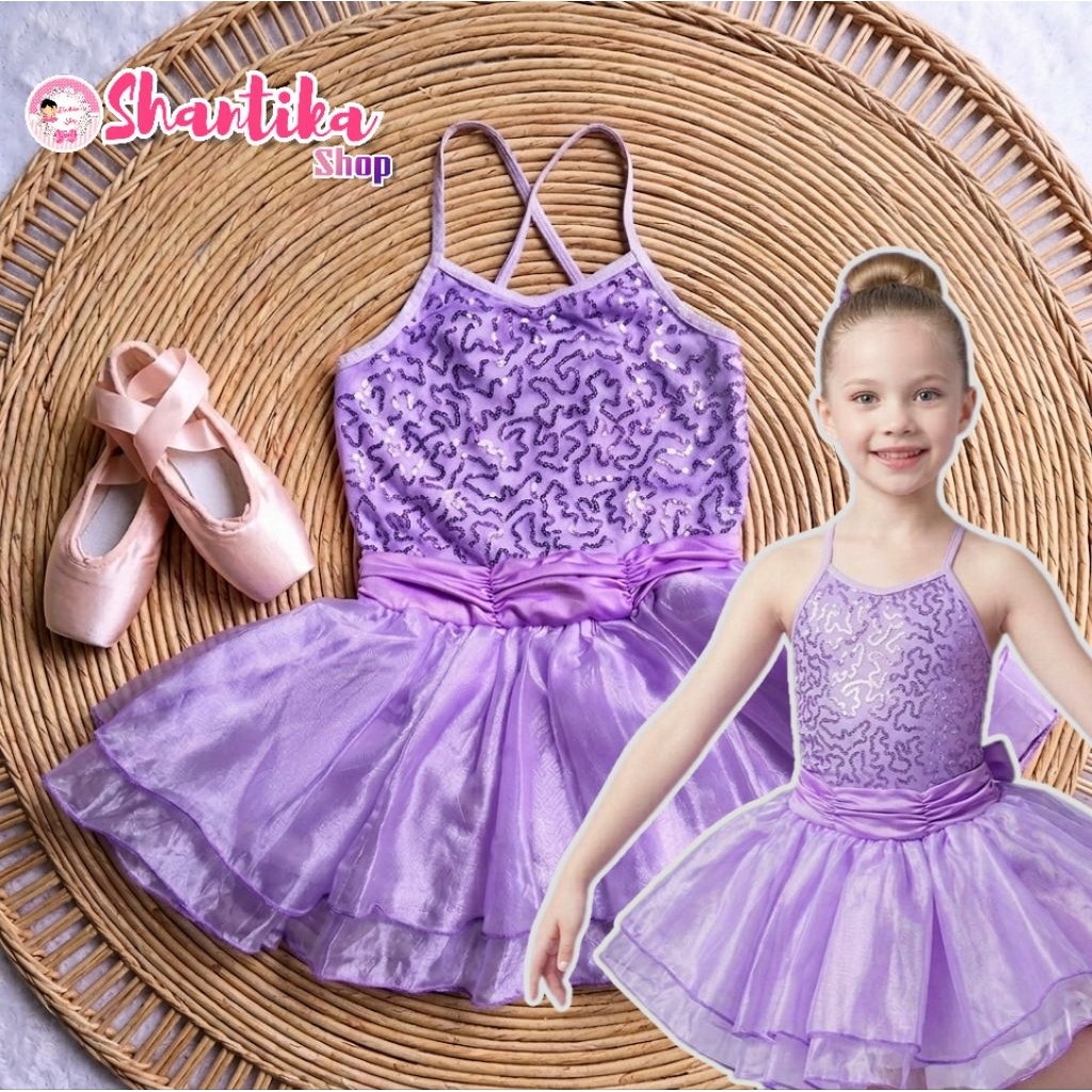 Plove Baju Balet Tutu Sequin Lilac — Leotard Balet Mewah Anak Perempuan 5-7 Tahun