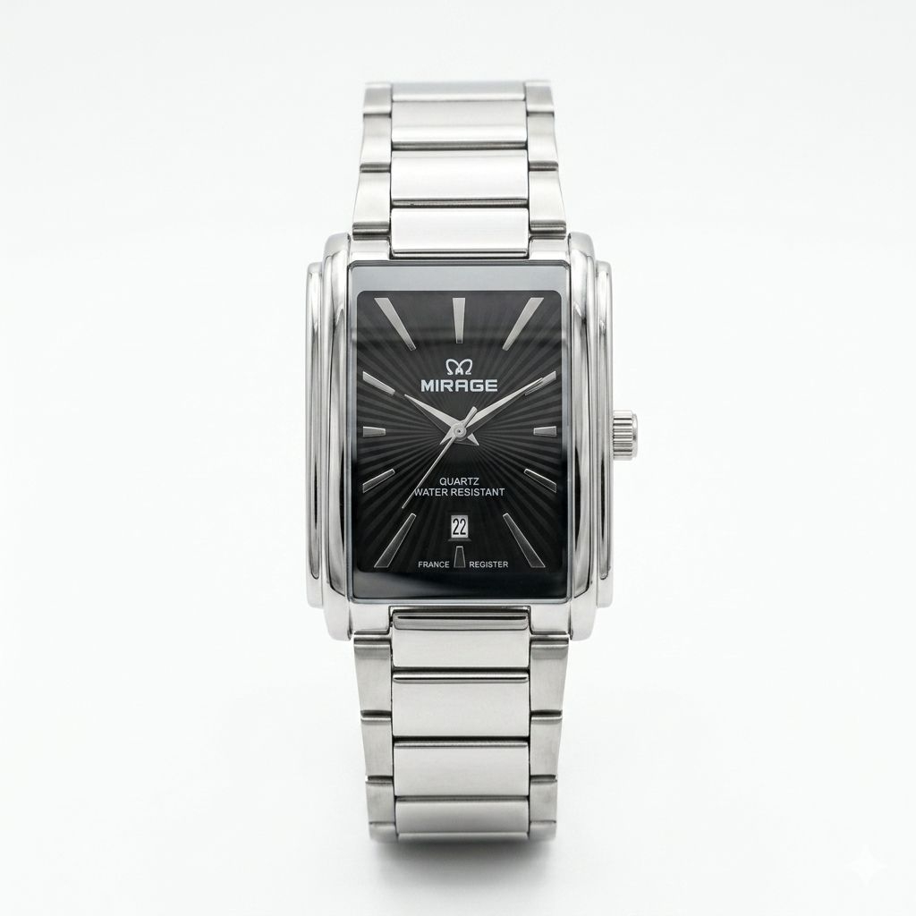 Jam Tangan Mirage 8848-BSP-M Rantai Silver Dasar Hitam  Petak Cowok