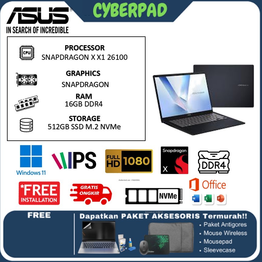 Laptop ASUS VIVOBOOK 14 A1407QA SNAPDRAGON X X1 26100 16GB 512GB W11+OHS 14.0WUXGA