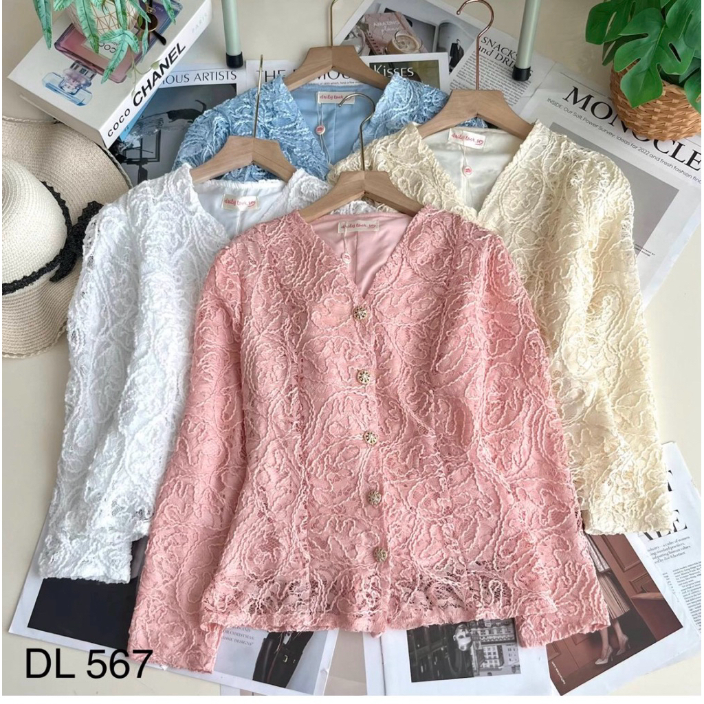 Blouse brukat bunga bunga berfuring