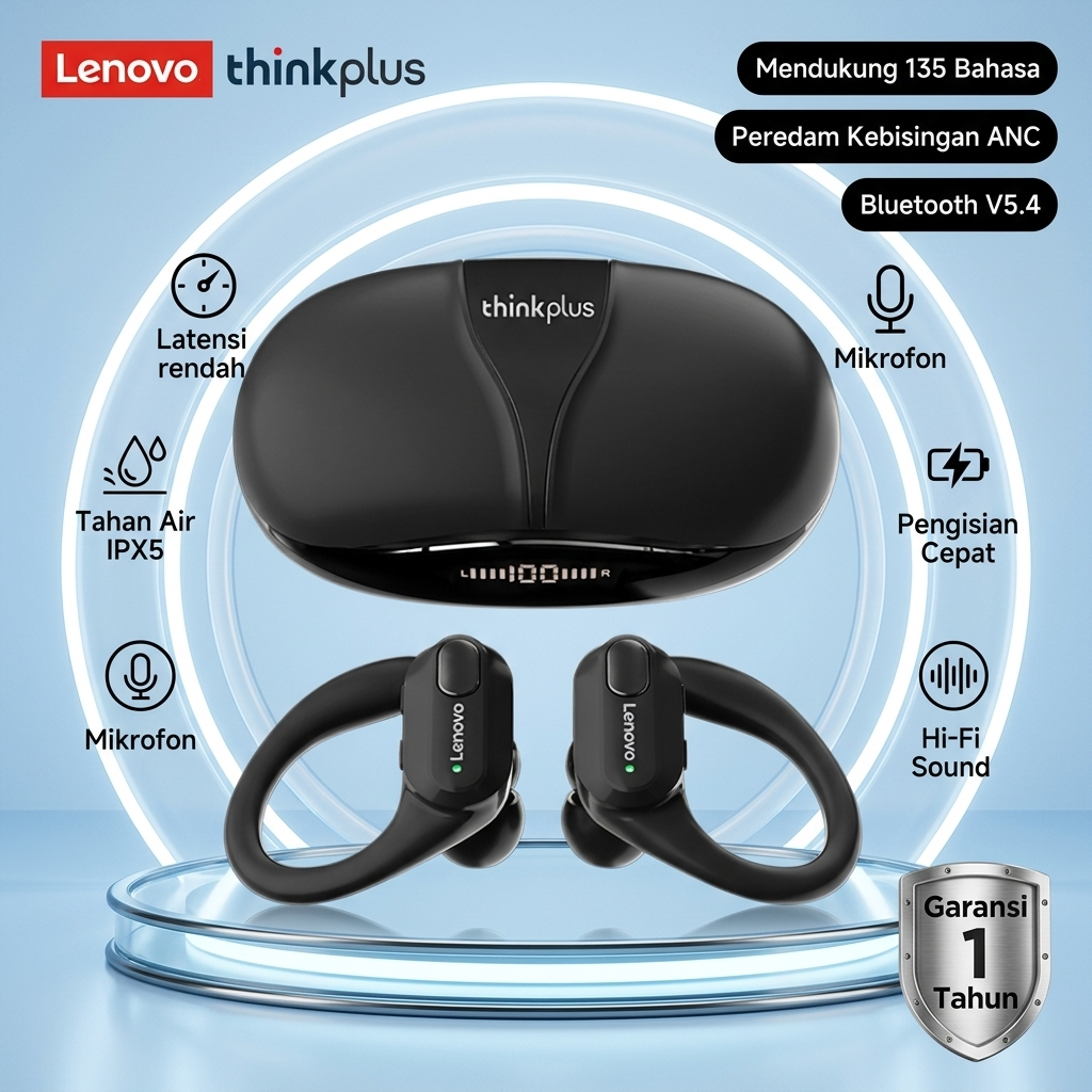 Lenovo ThinkPlus XT80 Earphone Bluetooth Mic NC Cerdas, Hilangkan Suara Bising Saat Rapat, Garansi 1
