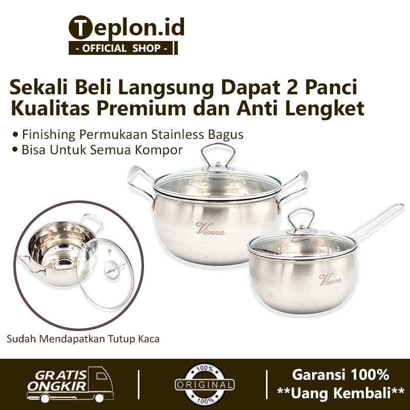 Vienna Panci Set 2pcs Premium Stainless + Tutup Kaca | Panci Mpasi | Panci Soup | Panci Rebus Sup