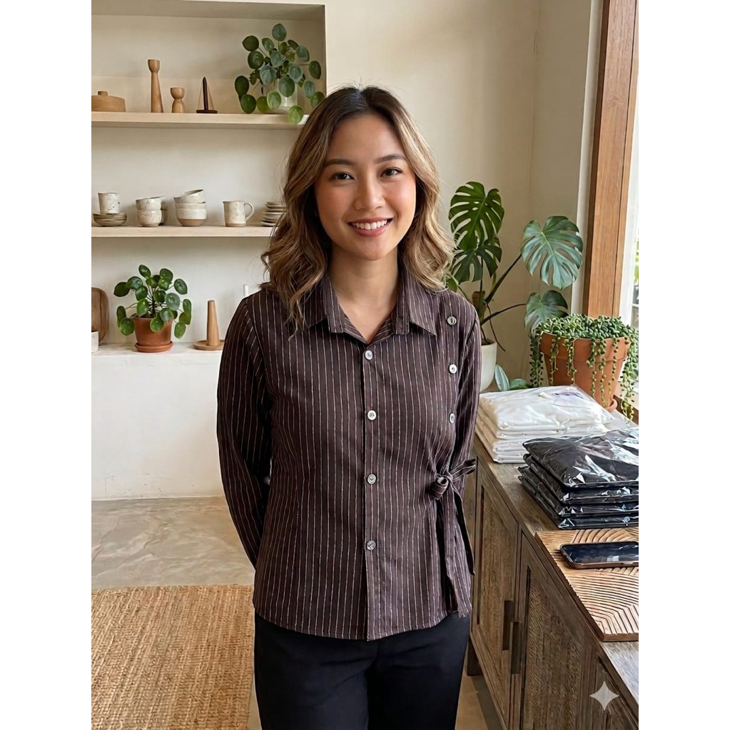 Kemeja wanita | kemeja salur lengan panjang | kemeja salur crop kancing depan dan samping