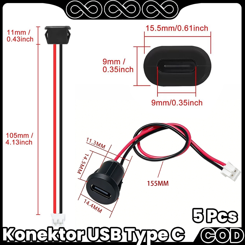 Konektor USB Type C Port Charger Tipe C 5 Pcs Socket Female Kepala Datar Oval Kepala Bulat Lubang Ul