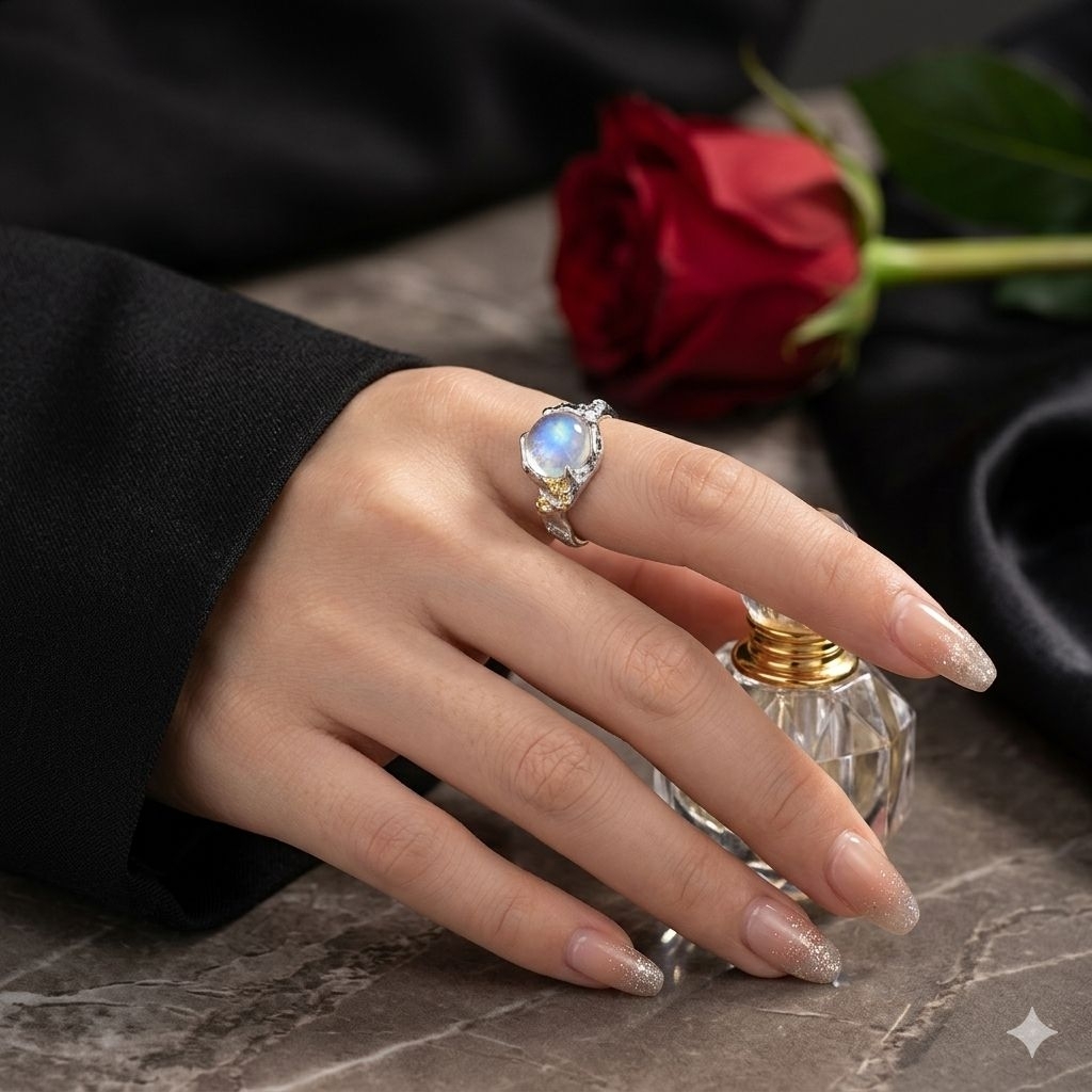 Cincin Wanita Moonlight Glow Adjustable | Ring Silver Korea Estetik Batu Biru | Cincin Aesthetic Kek