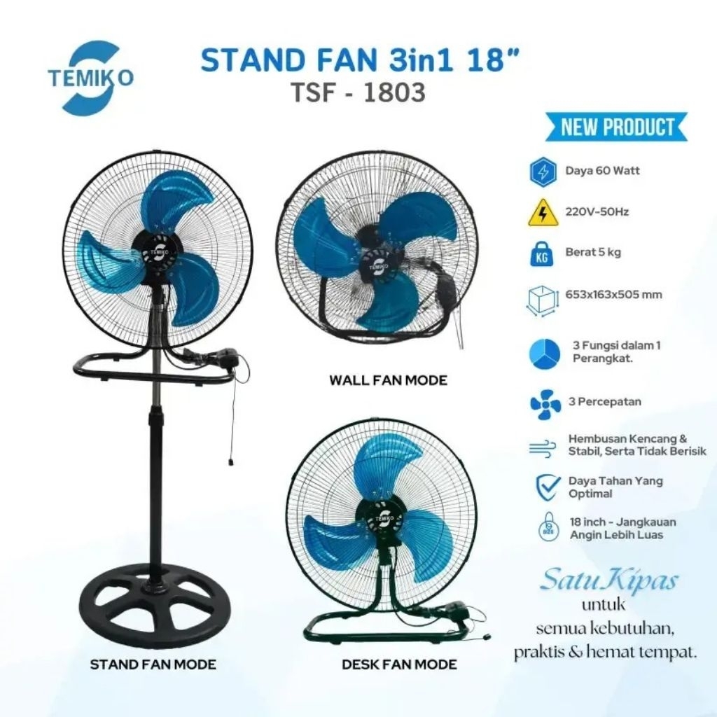 KIPAS ANGIN BALING-BALING BESI TORNADO ANGINNYA TURBO 18INCH 3IN1 TEMIKO