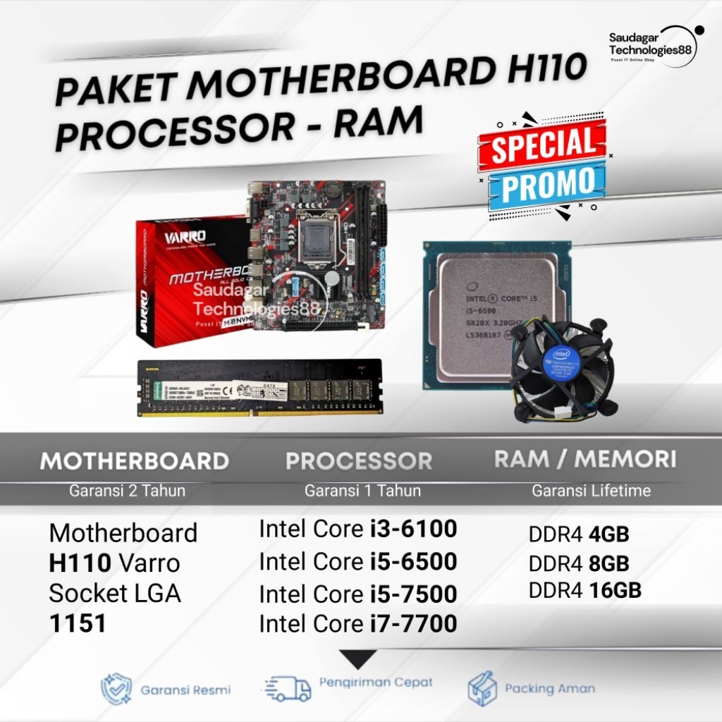PAKET MOTHERBOARD H110 LGA 1151 SUPPORT M.2 NVME PROCESSOR INTEL CORE I3-6100/I5-6500/I5-7500/I7-770