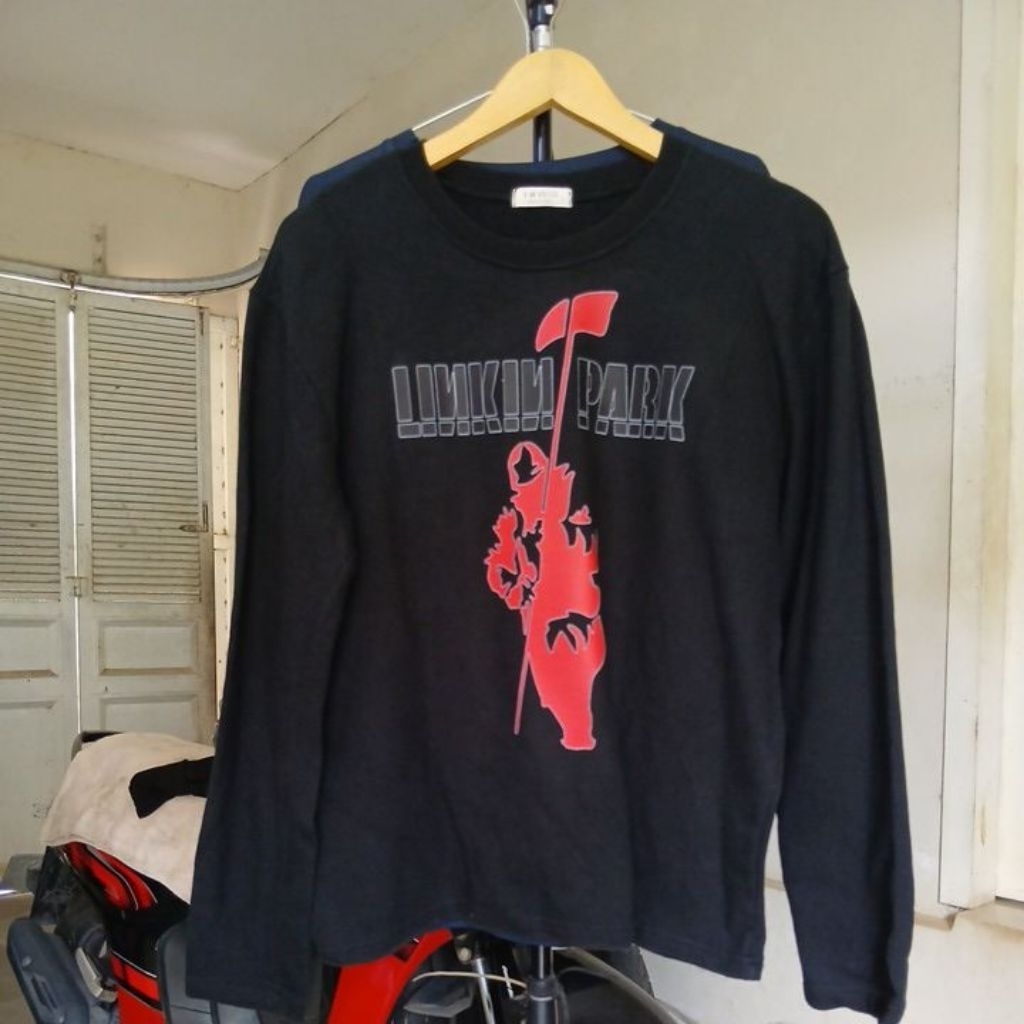 Kaos katun tebal long sleeve Crewneck warna hitam pekat kerah kencang I M PLUS second Original size 