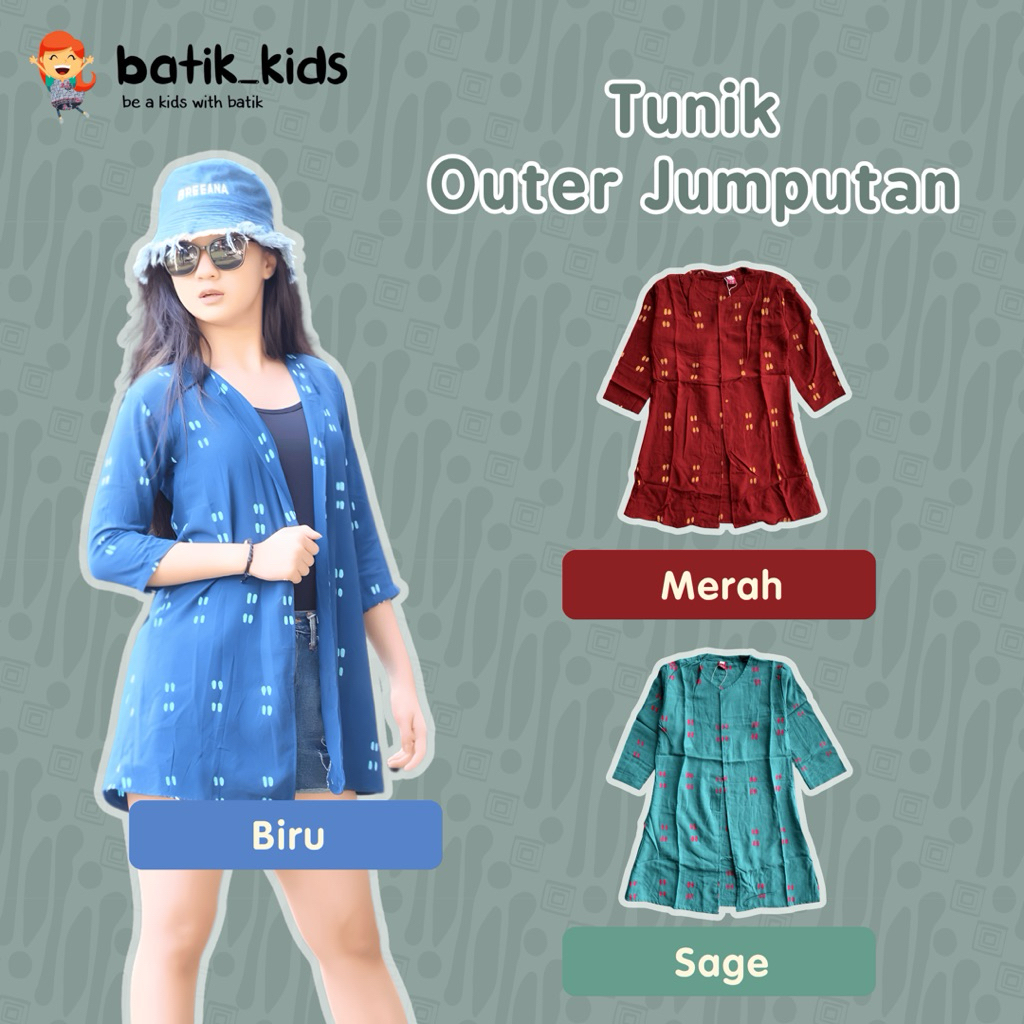 BATIK KIDS Tunik Outer Jumputan Model Lengan Panjang Bahan Rayon Halus Batik Cap Handmade Navy Merah